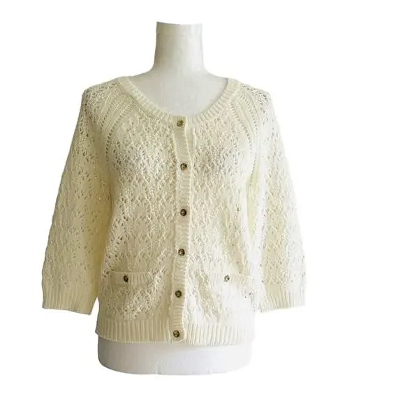 Lark Lane Cardigan Sweater Cream Cotton Crochet 3/4 Sleeve Cardigan Size Small - Picture 12 of 12